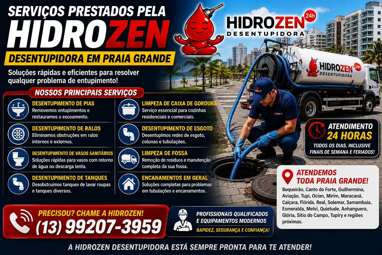 Serviços Prestados pela Hidrozen Desentupidora em Praia Grande